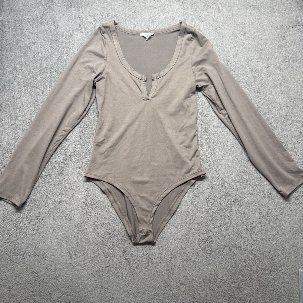 Women Brown Bodysuit SZ L Soft Long Sleeve v neck